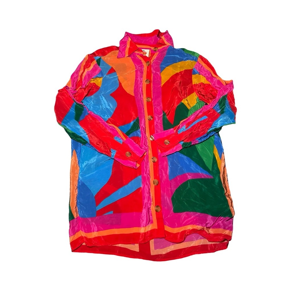 Farm Rio Women's Colorful Leaves Vibrant Button Up Blouse, Size Small